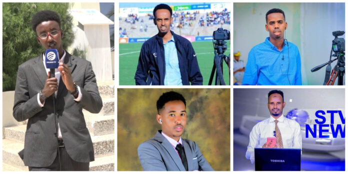 Recently detained journalists (from left to the top right): Kalsan TV journalist Abdihafid Nur; SomNews TV Mahdi Siyad; Horyal24 TV reporter Abdirahman Mohamed Adani; SomNews TV reporter Mohamed; SomNews TV reoorter Jabir Said Duale and Mohamud Koronto. | PHOTO/Combined/SJS.