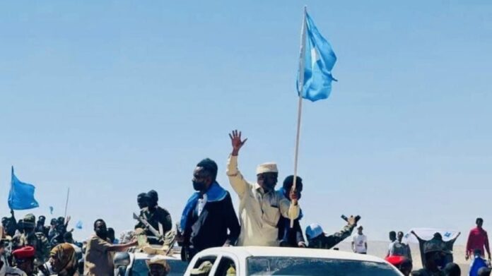 Local leader Garad Jama Garad Ali (holding flag) is welcomed by inhabitants of Las Anod on January 23, 2023. PHOTO | COURTESY.