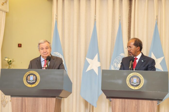 UN Secretary-General Antonio Guterres addresses the media together with president Hassan Sheikh Mohamud on 11 April 2023.