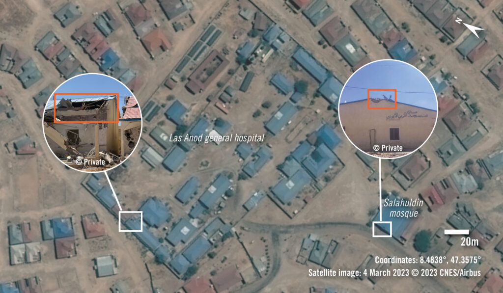 A photo shows the Laascaanod hospital and the Salahu-din mosque hit by shelling. | Photo by Amnesty International.