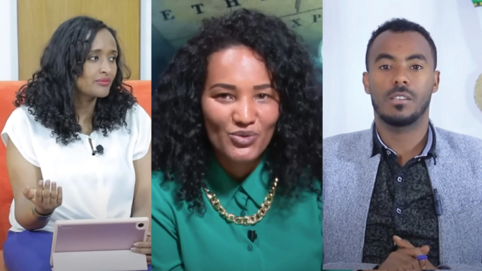 Ethio Nikat Media founder and editor Meskerem Abera (left), Yegna Media reporter Genet Asmamaw (center), and Arat Kilo Media editor Dawit Begashaw were arrested alongside five other journalists in Ethiopia between April 3 and April 13, 2023. (Photo Credits: YouTube/Ethio Nikat, YouTube/Medlot Media, YouTube/Arat Kilo Media)