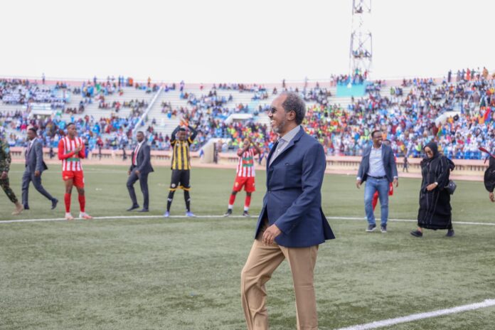 Hassan Sheikh in the Mogadishu Stadium moments before a suicide bomber was apprehended on 1 July 2023