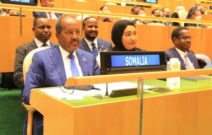 President Hassan Sheikh Mohamud and his ally Abshir Bukhaari captured together at the U.N General Assembly in New York on 20 September 2022. In this photo, President Hassan Sheikh Mohamud (left front row) and his ally Abshir Bukhaari (right hand) captured together at the U.N General Assembly in New York on 20 September 2022.