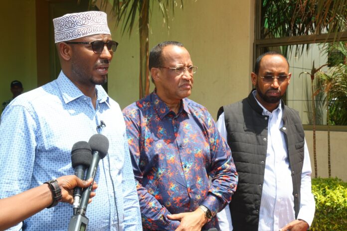 Officials of Mandera, Garisa and Wajir counties in Kenya speak to the media after a meeting addressed increase of Al-Shabaab attacks in the region.