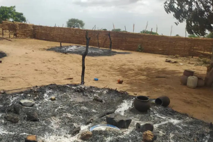 Burned down dwelling in Misterei, Sudan, after the May 28 attack. | PHOTO/ HRW.