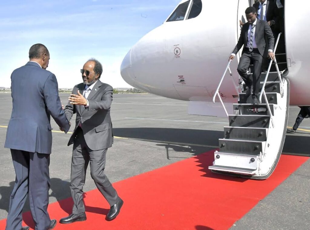 Somali President Hassan Sheikh Mohamud made an unannounced visit to Asmara, Eritrea’s capital, on Wednesday, where he was welcomed by President Isaias Afwerki at the airport.