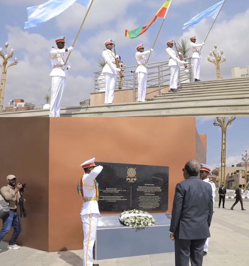 Somali president Hassan Sheikh Mohamud is seen saluting Ethiopia's veterans statue in Addis Ababa during a visit on 11 - 12 January 2025.