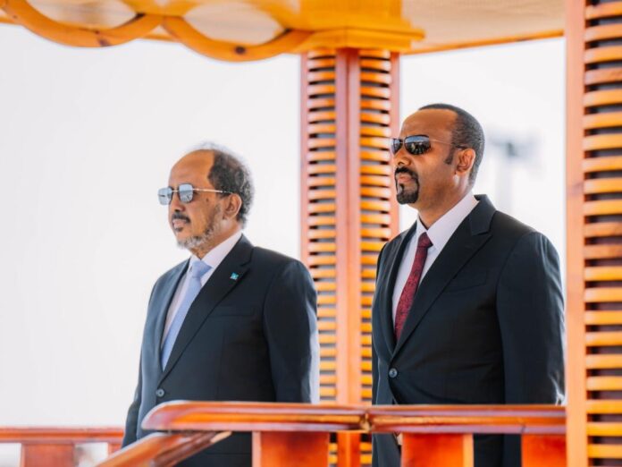 Somalia president Hassan Sheikh was welcomed by Ethiopian prime minister Abiy Ahmed during a visit to Addis Ababa on Saturday. | PHOTO/OFFICIAL.