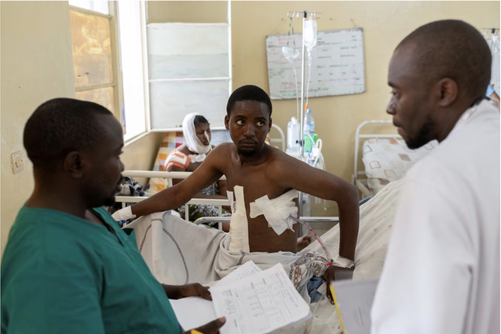 Joseph Balume looks on in a room where he is receiving treatment for his with a suspected bullet wound, at the CBCA Ndosho Hospital, a few days after the M23 rebel group seized the town of Goma, in Goma, North Kivu province in eastern Democratic Republic of the Congo, February 1, 2025. | PHOTO/ REUTERS.
