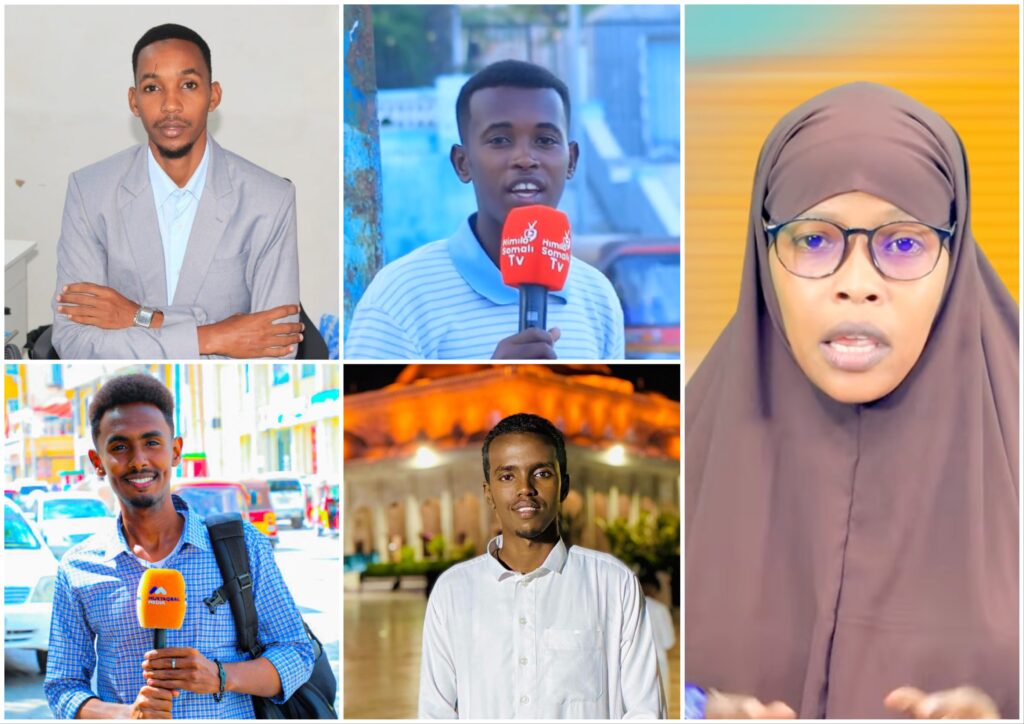 Somali police in Mogadishu briefly arrested five journalists covering a women's protest in Mogadishu. The journalists (from top left) are Abdirazak Haji Sidow Nor (cameraman for Himilo TV), Abdullahi Abdukadir Ahmed (reporter for Himilo TV), Abdirizak Abdullahi Adan (reporter for Radio Mustaqbal), Abdirahman Barre Hussein (cameraman for Radio Mustaqbal), and Anisa Abdiaziz Hussein (reporter for Himilo TV). | PHOTO/ Combined/ SJS.