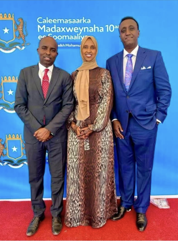Photo: Abdikarin Hassan Ahmed (far right) is seen attending the inauguration celebration of President Hassan Sheikh Mohamud on May 22, 2022, following his re-election earlier that month. Photo: Abdikarin Hassan Ahmed (far right) is seen attending the inauguration celebration of President Hassan Sheikh Mohamud on May 22, 2022, following his re-election earlier that month.