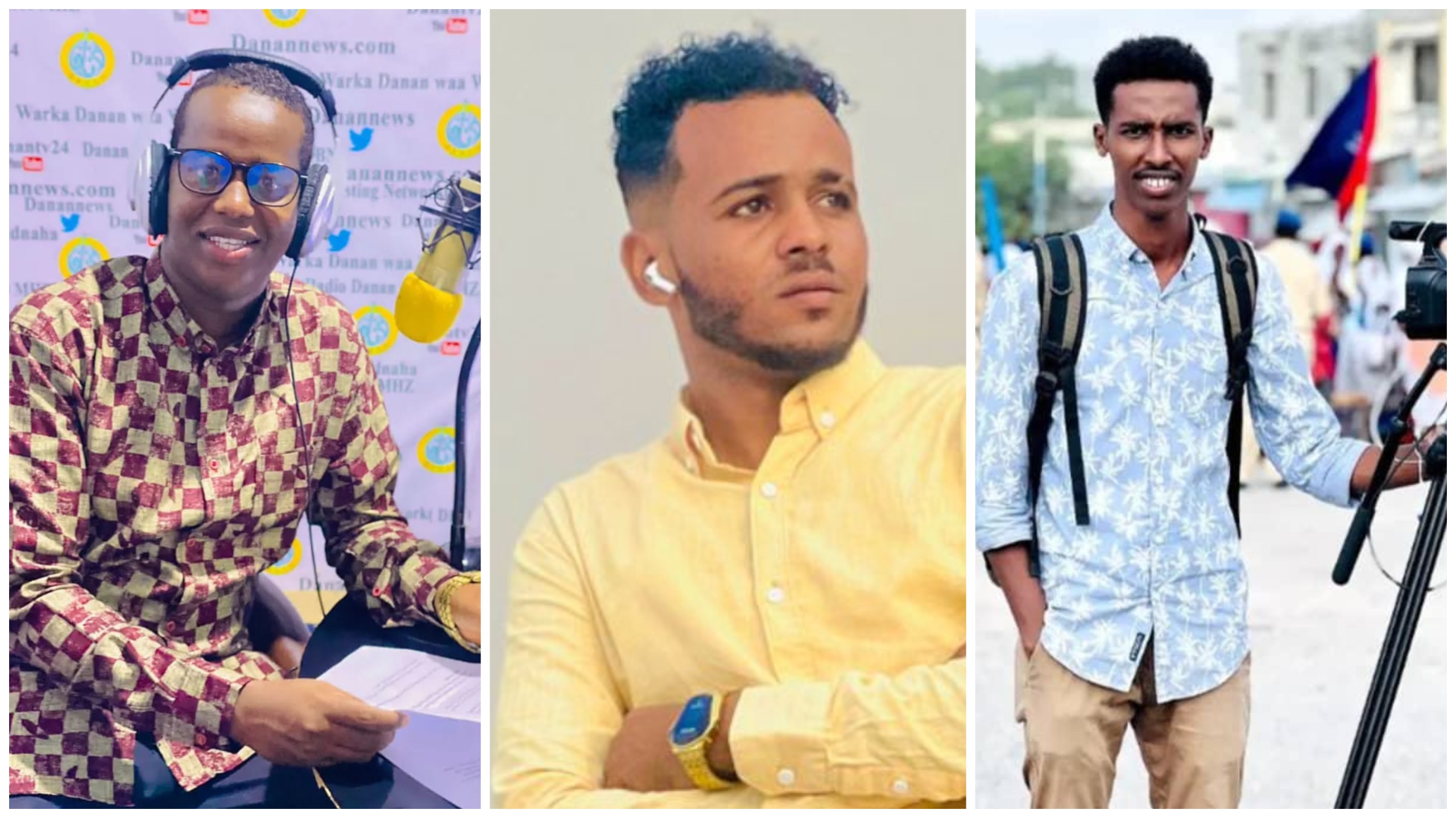 On Thursday, 22 May, Somali police in Mogadishu arrested three journalists (picture above): Abdullahi Yusuf Hassan (reporter for RNN TV), Mohamed Hassan Geedi (cameraman for RNN TV), and Yahye Mohamud Hersi (cameraman for Himilo Somali TV). | PHOTO/Combined/SJS. On Thursday, 22 May, Somali police in Mogadishu arrested three journalists (picture above): Abdullahi Yusuf Hassan (reporter for RNN TV), Mohamed Hassan Geedi (cameraman for RNN TV), and Yahye Mohamud Hersi (cameraman for Himilo Somali TV). | PHOTO/Combined/SJS.