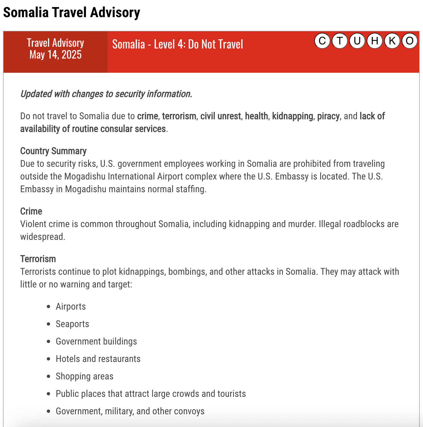 The advisory warns that terrorist groups, including Al-Shabaab, continue to carry out frequent and deadly attacks.
