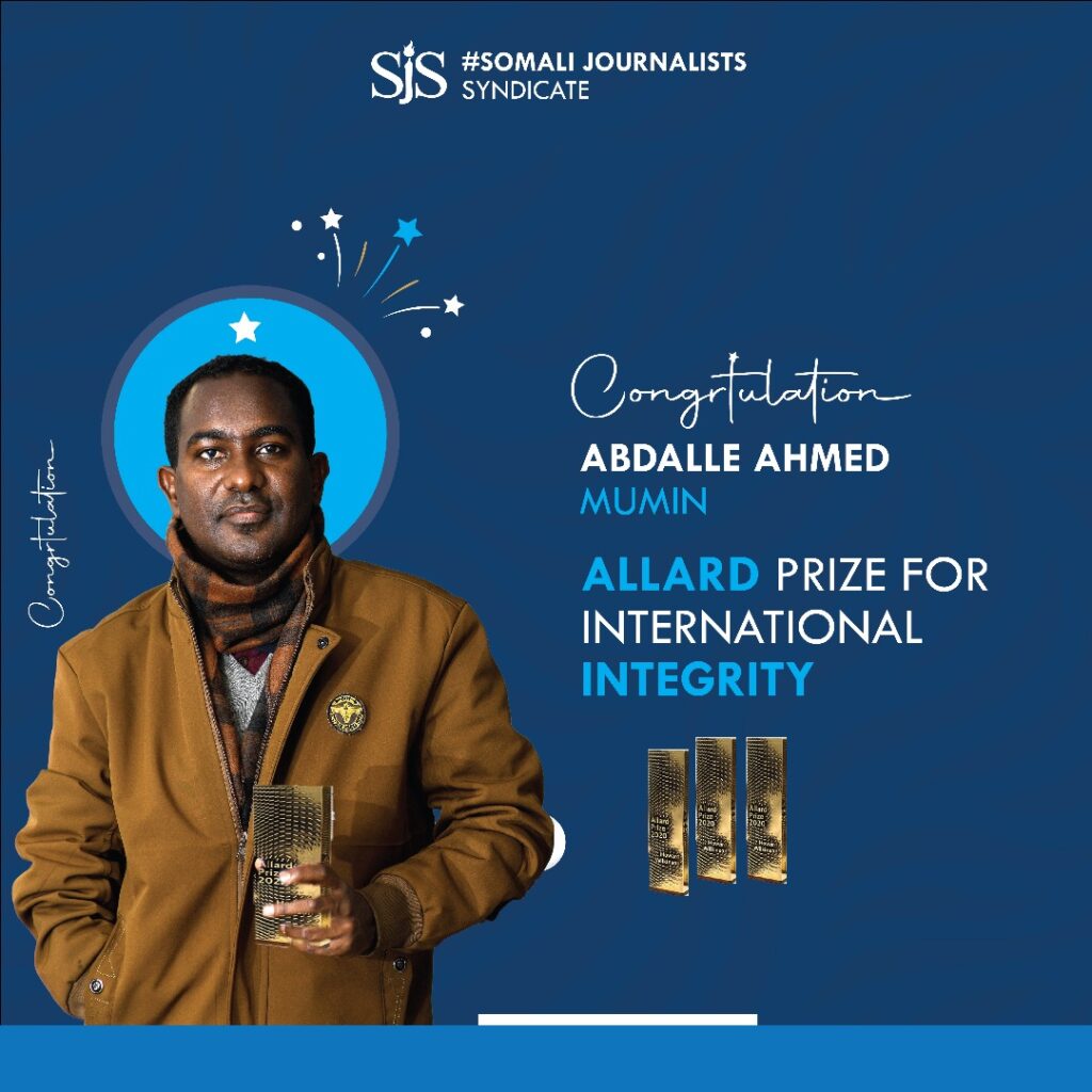 SJS Secretary General, Abdalle Ahmed Mumin, honored with the 2025 Allard Prize for International Integrity. | PHOTO/SJS.