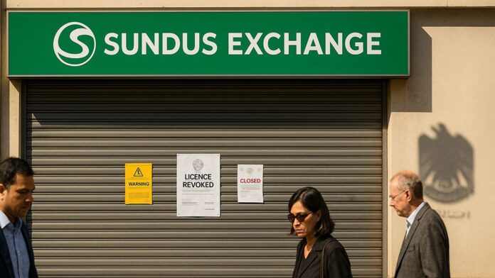 A sign shows the Sundus Exchange office closed and its license revoked in Dubai, UAE on 17 June, 2025.