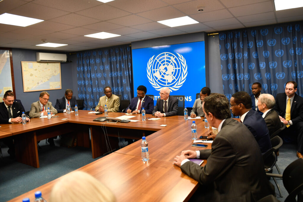 The UN envoy to Somalia, James Swan, and international partners meet with the Speaker of Somalia’s Federal Parliament, Mohamed Mursal Sheikh Abdirahman, at the UN Compound in Mogadishu on 8 December 2019. PHOTO/UN.
