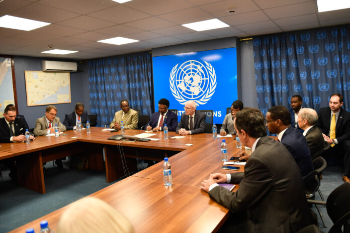 The UN envoy to Somalia, James Swan, and international partners meet with the Speaker of Somalia’s Federal Parliament, Mohamed Mursal Sheikh Abdirahman, at the UN Compound in Mogadishu on 8 December 2019. PHOTO/UN.