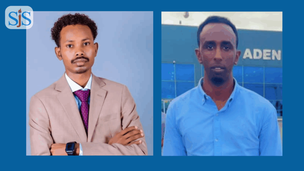 SJS member journalist Hashim Omar Hassan (left) and Hassan Yusuf Qasaaro, were arrested after publishing news about the alleged rape and murder of a child in Adaado, Galmudug State, Somalia. | PHOTO/SJS.