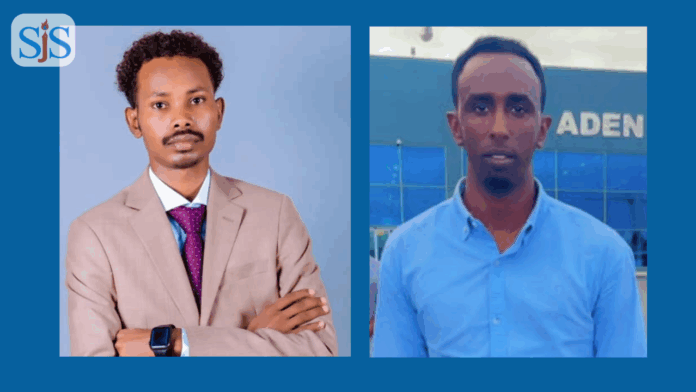 SJS member journalist Hashim Omar Hassan (left) and Hassan Yusuf Qasaaro, were arrested after publishing news about the alleged rape and murder of a child in Adaado, Galmudug State, Somalia. | PHOTO/SJS.