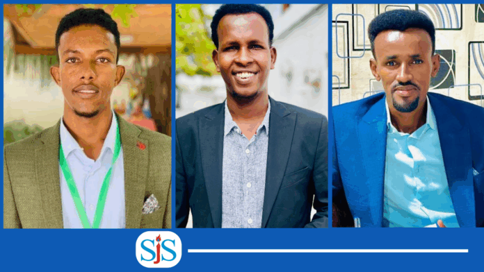 (From left to the right) Puntland-based journalist Mohamud Nadif Shire, Somali National TV reporter Mohamed Tarsan and Galkayo-based online reporter Dalmar Isse Ahmed. | PHOTO/ Combined/SJS.