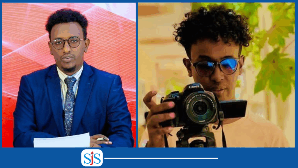 Kalsan TV journalists, reporter Jafar Mohamed Jimale (left) and cameraman Abdimajid Abdirahman (right). | PHOTO/SJS/combined.