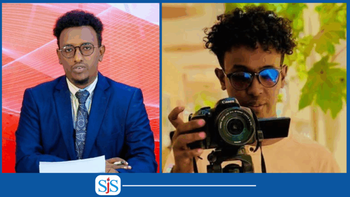 Kalsan TV journalists, reporter Jafar Mohamed Jimale (left) and cameraman Abdimajid Abdirahman (right). | PHOTO/SJS/combined.