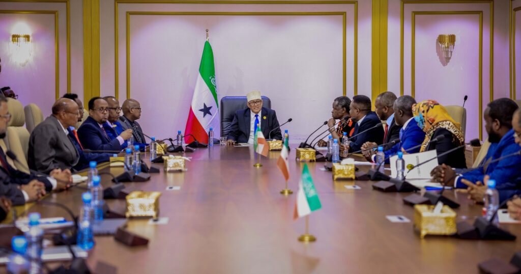 President Abdirahman Mohamed Abdillahi (Cirro) received the delegation, which included representatives from Africa, Asia, the USA, and Europe, specifically from countries such as Kenya, Tanzania, Uganda, the USA, Qatar, China, India, and Austria.