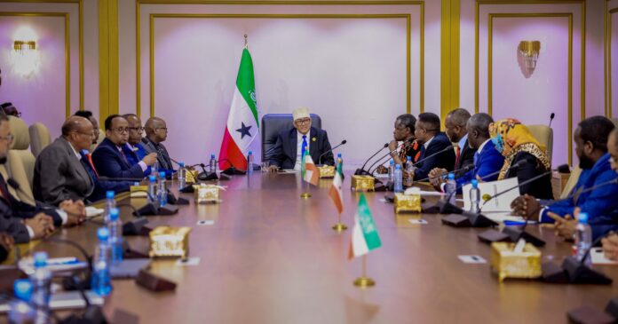 President Abdirahman Mohamed Abdillahi (Cirro) received the delegation, which included representatives from Africa, Asia, the USA, and Europe, specifically from countries such as Kenya, Tanzania, Uganda, the USA, Qatar, China, India, and Austria.