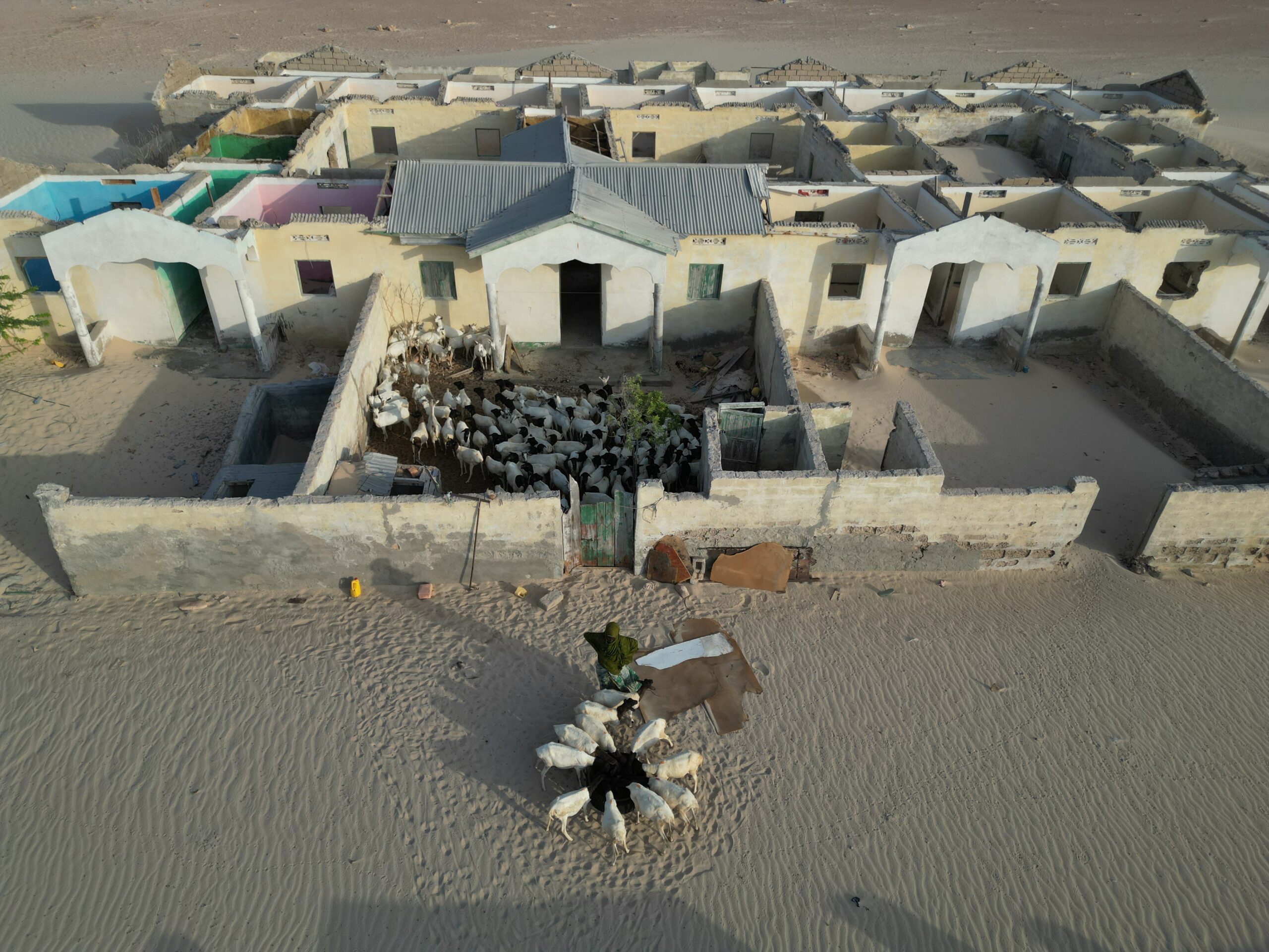 An aerial photo shows goats outside houses overtaken by sand due to the impacts of climate change in Kulub village, eastern Mudug region, central Somalia. Most residents have fled after their homes were buried by the encroaching sand. Photo taken on September 2, 2025. Photographer: Said Abdullahi.