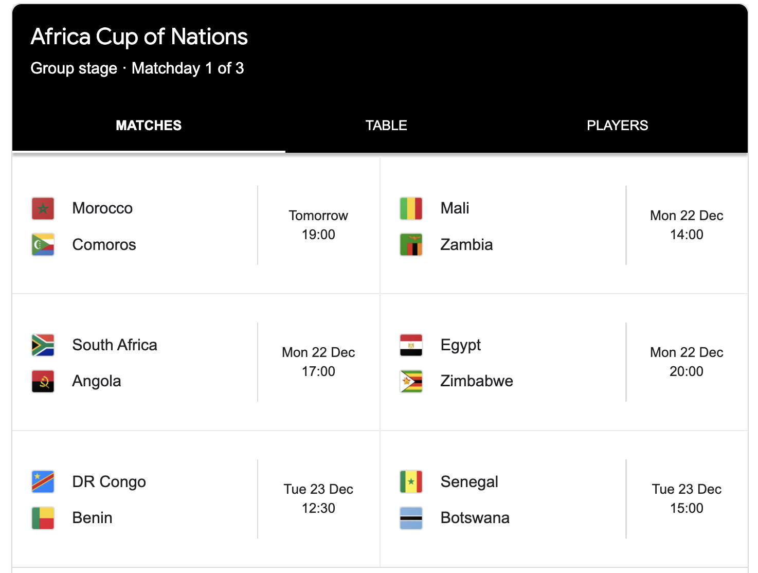 The opening match will see the Moroccan national team face Comoros, while the following day Mali will play Zambia.