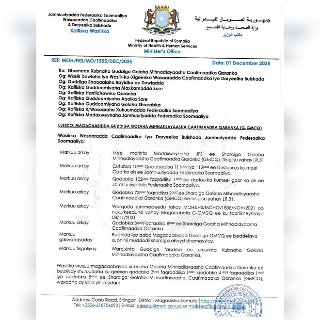 The Minister of Health and Social Care of Somalia, Dr. Ali Haji Adam, has appointed new members to the National Health Professionals Council