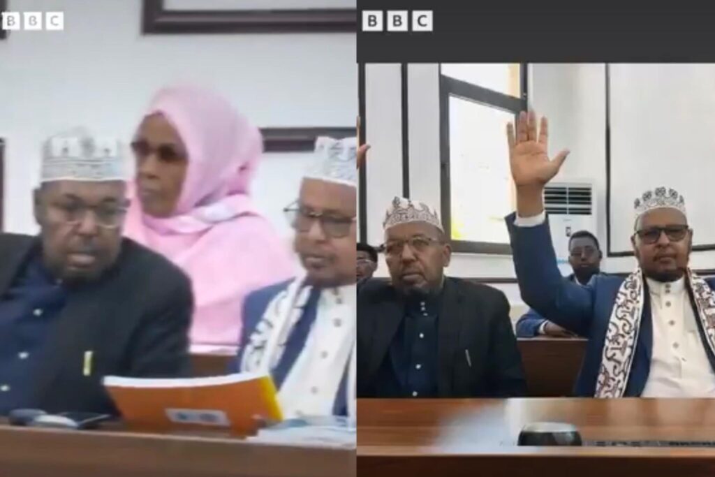 The authentic photograph (left) taken inside the parliamentary chamber on the day MPs and Senators voted on amendments to the Somali Provisional Constitution in Mogadishu last week, and the AI-generated image (right)