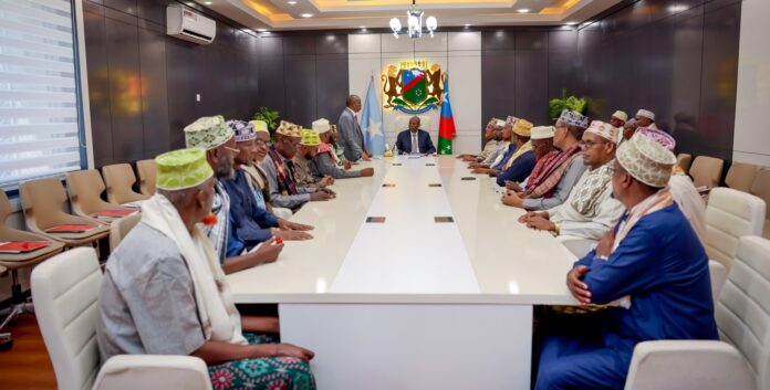 Photo: Southwest State President Abdiaziz Hassan Mohamed “Laftagareen” meets clan elders in Baydhabo as part of preparations for the upcoming state elections.