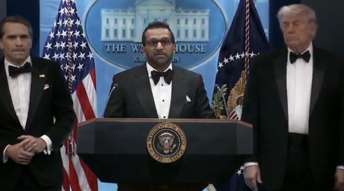 Trump is pictured alongside FBI Director Kash Patel during a news conference late on Saturday after the shooting incident. | PHOTO/ Video White House.