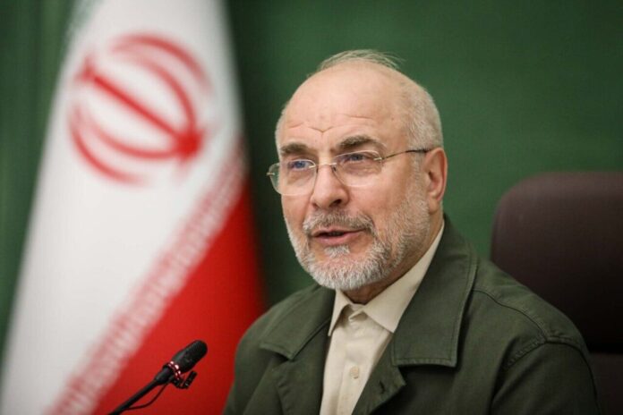 Iranian Parliament Speaker Mohammad Bagher Ghalibaf is seen speaking during an official event in Tehran