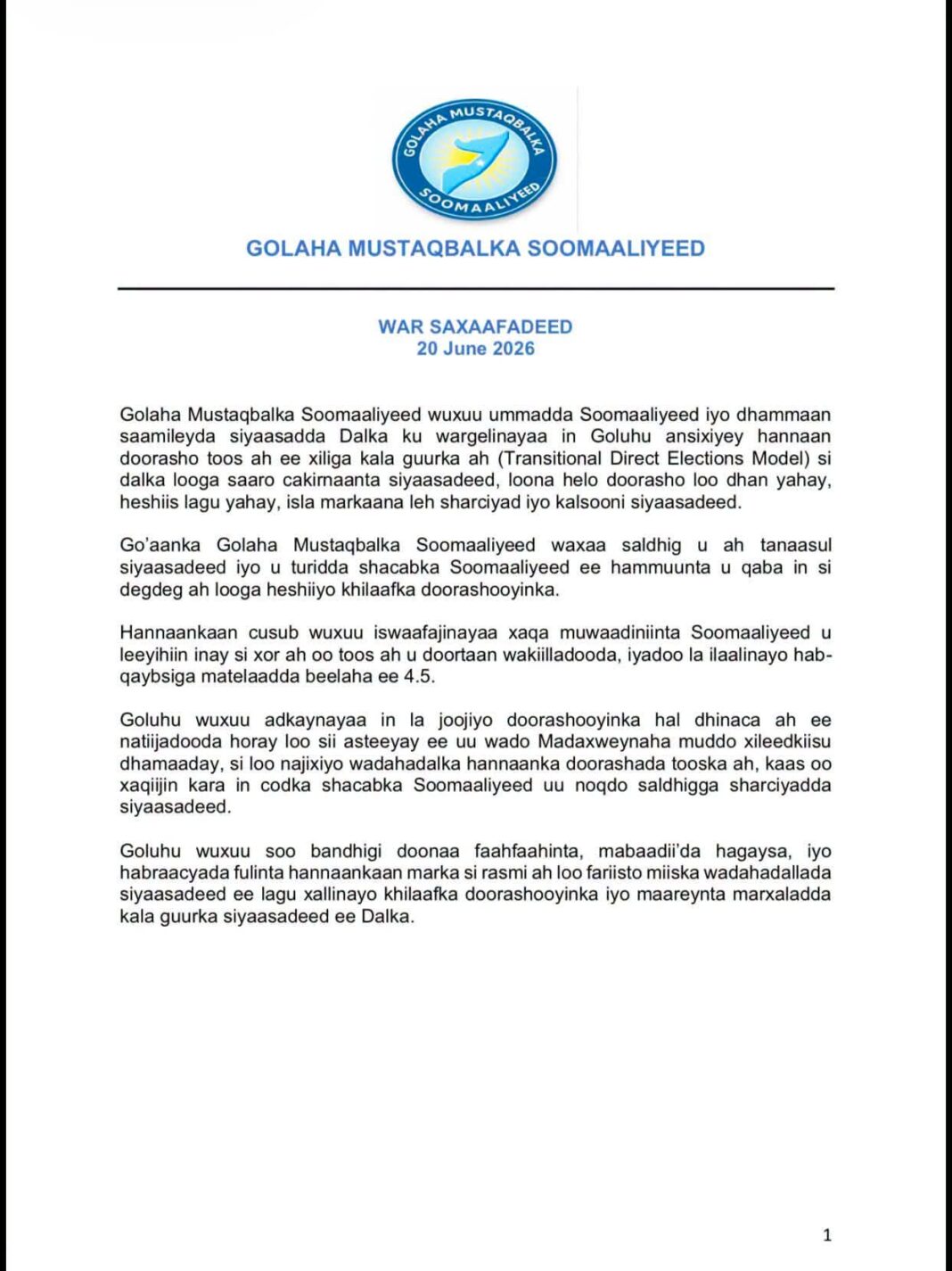 Transition Framework Model Somali Future Council Approves Transitional Direct Elections Model Amid ...