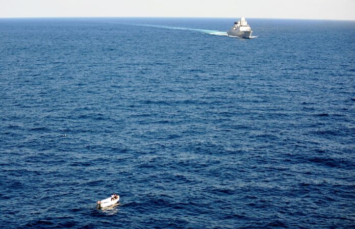 On 19 Feb., 2026, Suspected Somali pirates were apprehended and taken on board of the Dutch EU Naval Force ship De Ruyter. | PHOTO/ EUNAVFORCE.