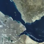 The Bab al-Mandeb, the strait dividing Yemen from Africa, seen in a satellite image.
