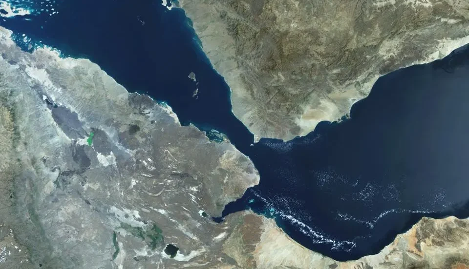 The Bab al-Mandeb, the strait dividing Yemen from Africa, seen in a satellite image.
