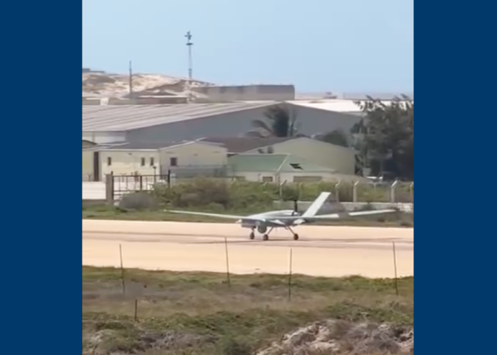 Previous photo shows Turkish unmanned aerial vehicle preparing to fly at Mogadishu airport.